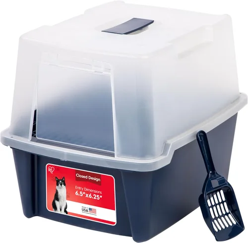 Caja de arena para gatos IRIS USA, arenero con pala y solapa frontal, caja de arena cubierta para privacidad, portátil, fácil de limpiar, azul marino
