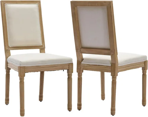 Miniatura 35 de Juego de 2 sillas de comedor de campo francés, sillas de comedor de madera de granja beige, silla de comedor con respaldo tejido con cojín tapizado