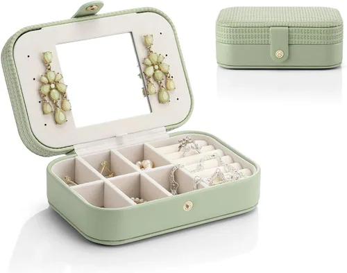 Vlando Pequeño organizador de joyas de viaje, estuche de almacenamiento de piel sintética para collares, aretes, anillos, tejido verde