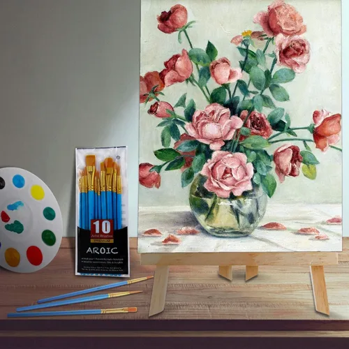 Miniatura 6 de Set profesional de pintura AROIC de 72 piezas con caballetes, 6 caballetes de madera, 6 paquetes de 60 pinceles con cabeza de nylon y 6 paletas, kit
