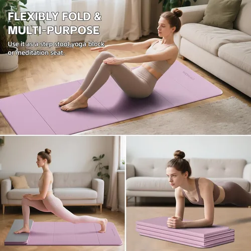 Miniatura 6 de Estera de Yoga de 7 Pliegues 177.8x61 cm - 1.27 cm de Grosor Estera de Ejercicio Plegable, Compacta Antideslizante de TPE para Viaje, Púrpura Taro +