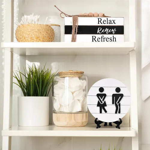 Miniatura 2 de Decoración de Estante de Baño Letreros Modernos y Divertidos para Decoración de Baño, Letreros Redondos 3D de Shiplap y Pila de Libros con 1 Planta