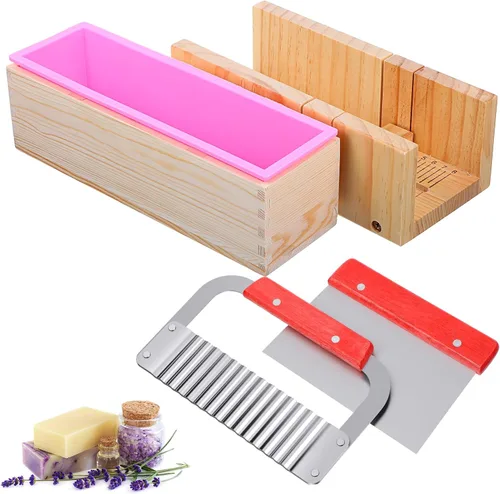 Kit de suministros para hacer jabón de pan de 42 onzas, incluye caja de corte de madera ajustable + pan rectangular con caja de madera, cortador