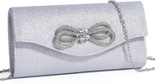 Miniatura 15 de Bolso de noche para mujer, con lazo de cristal brillante, con solapa, bolso de mano para mujer, boda, fiesta, baile de graduación