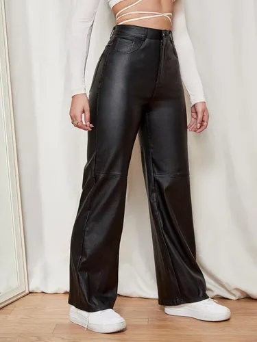 Miniatura 3 de WDIRARA Pantalones largos con bolsillo inclinado y pierna recta, de alta elasticidad, con aspecto de cuero, para mujer
