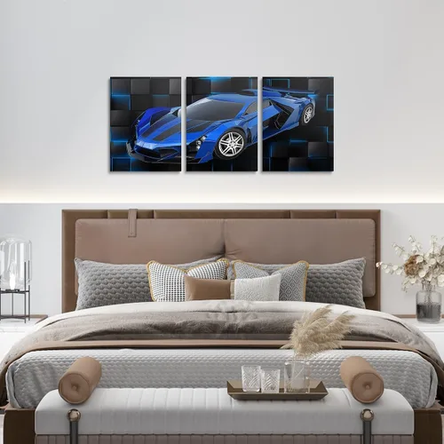 Miniatura 4 de Feelyou Cuadro azul de carreras para pared, 12 x 16 pulgadas, 3 piezas de autos deportivos de velocidad, lienzo para decoración de pared, diseño