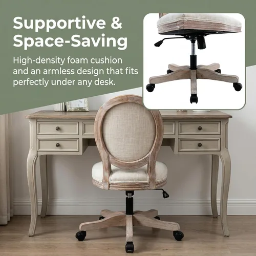 Miniatura 8 de LukeAlon Silla giratoria de lino vintage de 360°, silla de tareas de altura ajustable beige, marco de madera sin brazos, respaldo redondo y ruedas