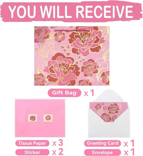 Miniatura 3 de Juego de Bolsa de Regalo Rosa Grande de 13" con Tarjeta de Felicitación y Papel de Seda (Flores con Trazos de Papel Aluminio) para Celebrar Rosa