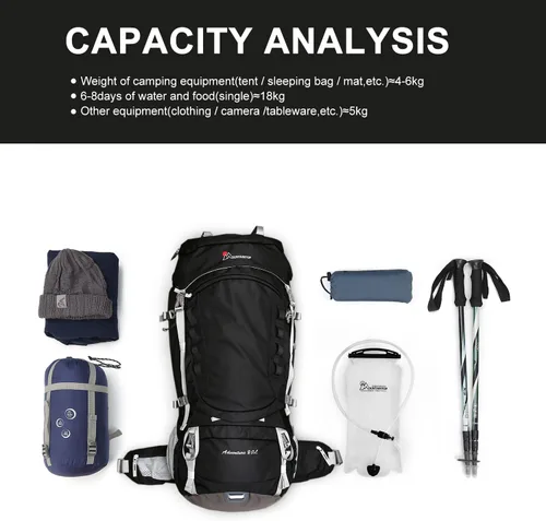 Miniatura 8 de MOUNTAINTOP Mochila de marco interno de 80L para hombre y mujer Mochila de senderismo con cubierta de lluvia Negro-80L