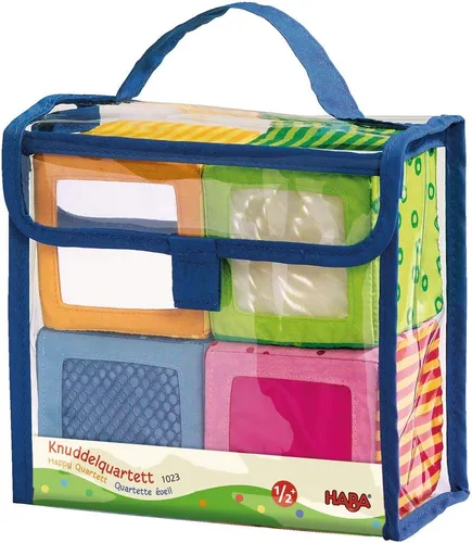 HABA Bloques suaves para bebés de 6 a 24 meses, el juguete sensorial Happy Quartett cuenta con un sonido y textura únicos en los 4 bloques de bebé