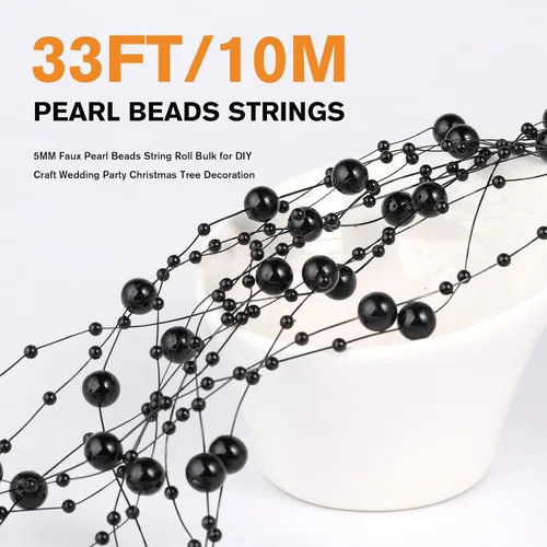 Miniatura 2 de Cadikez Cadena de 98 pies de cuentas de perlas, rollo de cuentas de perlas de imitación negras de 8 mm y 3 mm a granel para decoración de flores
