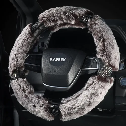 Miniatura 4 de KAFEEK Funda para volante de invierno esponjosa de 15 pulgadas, protector de volante de felpa suave con diamantes de imitación, cómoda y lujosa