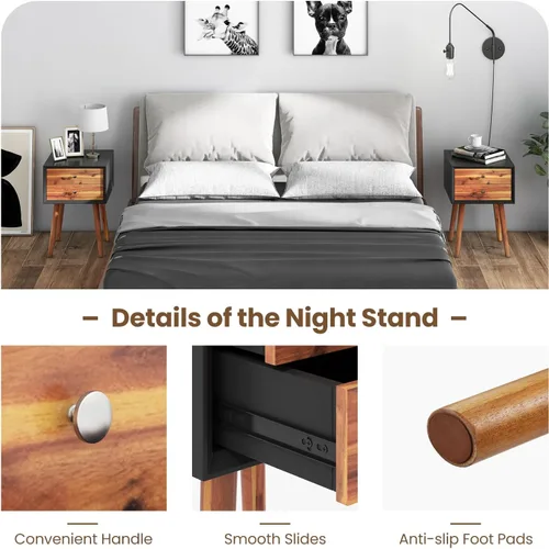 Miniatura 5 de GOFLAME Mesita de noche con 2 cajones, pequeña mesa auxiliar de madera, moderna de mediados de siglo con almacenamiento, mesa auxiliar compacta