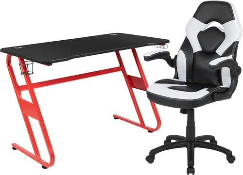 Miniatura 2 de Flash Furniture - Juego de escritorio para juegos y sillas reclinables de color blanco y negro con soporte para taza y gancho para auriculares.