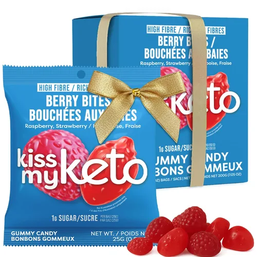 Kiss My Keto Gomitas sin azúcar, mordeduras de bayas, paquete de 8 – Satisface los antojos mientras te mantienes en cetosis – Alto en fibra, 0.17 oz