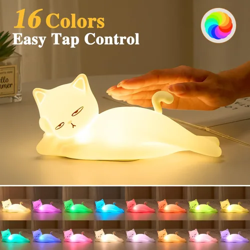 Miniatura 11 de Lámpara plana de gato Mubarek, regalos de gato, lámpara de silicona linda de 16 colores+5 atenuación, lámpara de noche recargable con control