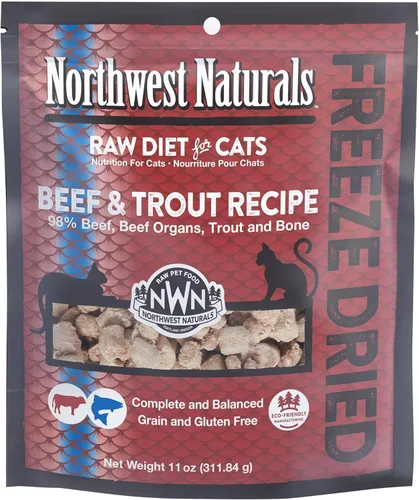 Northwest Naturals Alimento liofilizado de carne de res y trucha para gatos y gatitos, bocados del tamaño de un bocado, saludable, limitado,