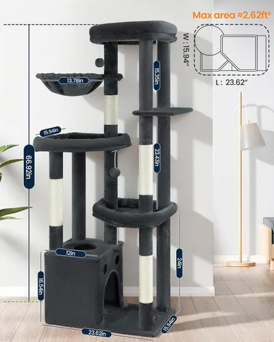 Miniatura 9 de Torre de árbol para gatos de varios niveles para gatos de interior, torre de escalada XL de 67 pulgadas de alto con 3 plataformas grandes, postes