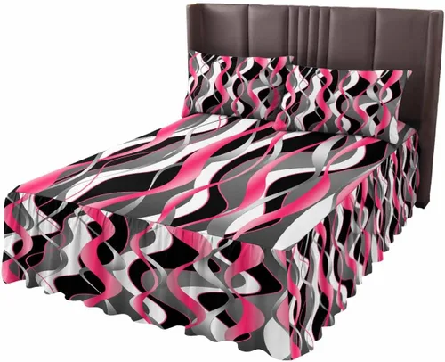 Falda de cama rosa y negra para cama de tamaño Queen, falda de ropa de cama envolvente con volantes de polvo reunido con 2 paquetes de fundas de