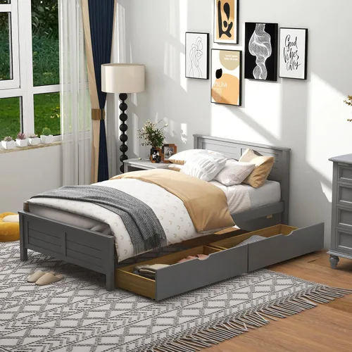 Miniatura 9 de GOFLAME - Base de cama tamaño individual con 2 cajones, base de plataforma con cabecera y estribo de madera maciza, listones de madera para soporte