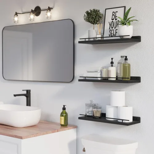 Miniatura 2 de WOPITUES Estantes flotantes con barandilla de metal negro, estantes para decoración de pared, juego de 3, estantes de pared para dormitorio, baño