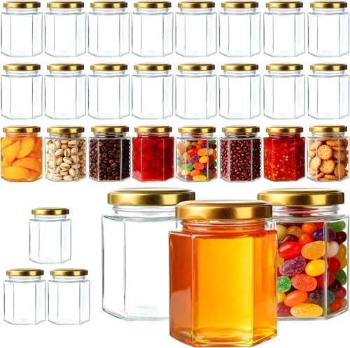 Miniatura 10 de Paquete de 24 tarros de vidrio de 8 onzas con tapas, tarros pequeños transparentes de 8.1 fl oz con 24 calcomanías, tarro reutilizable