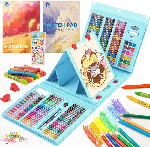 VigorFun Suministros de arte, kit de arte de dibujo de 240 piezas, estuche de arte de regalo con caballete triple de doble cara, incluye blocs de
