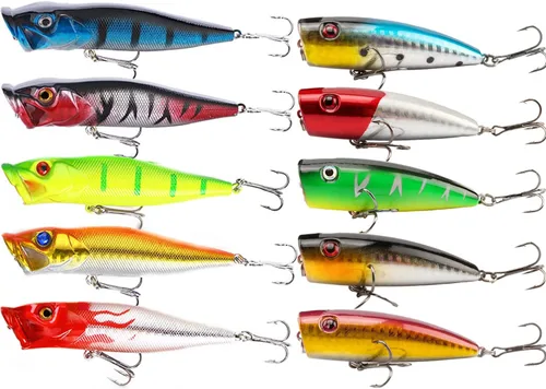 Señuelos de pesca Popper cebo de pesca Topwater cebos duros ojos 3D Swimbait Crankbait con gancho de agudos para lubina, trucha, agua dulce y salada