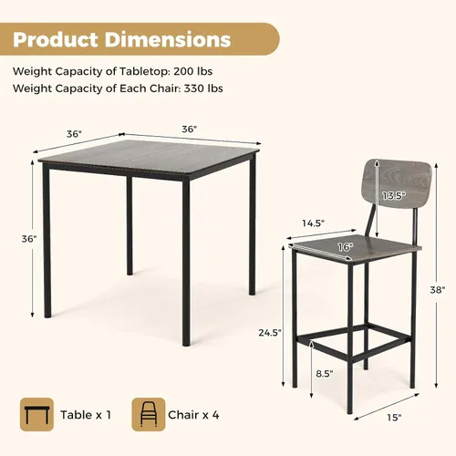 Miniatura 6 de GOFLAME Juego de mesa de comedor de 5 piezas para espacios pequeños, mesa de cocina y sillas para 4 personas con marco de acero, juego de mesa