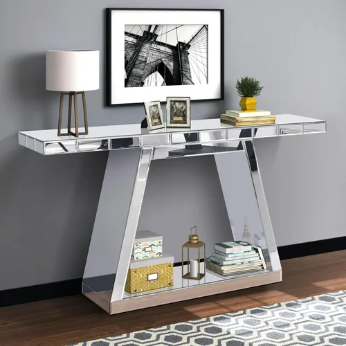 Miniatura 12 de Moderna mesa de consola plateada con espejo con 2 cajones de almacenamiento, escritorio rectangular de tocador, mesa de tocador de maquillaje