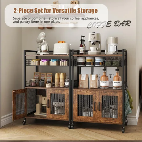 Miniatura 4 de Hencawima Gabinete de barra de café, mesa de estación de café de 3 niveles con ruedas, carrito de barra de 35.9 pulgadas de alto con cajón de cesta