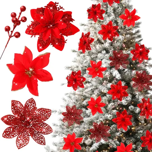 Miniatura 10 de Floweroyal 30 piezas Flores de Pascua Artificiales de Navidad Decoraciones con Clips y Tallos de Bayas Adornos con Purpurina para Árbol de Navidad
