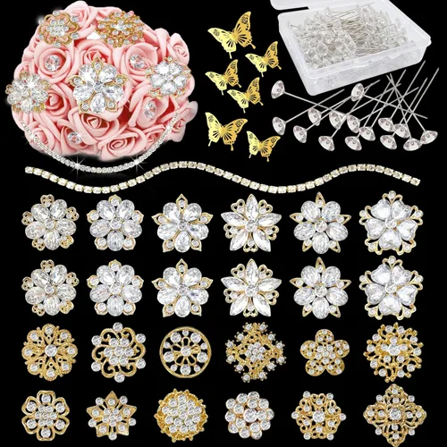 Broches de diamantes de imitación para ramilletes de ramilletes de flores y boutonniere, broches de cristal, kits de diamantes para accesorios de