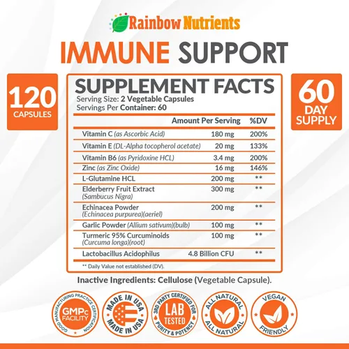 Miniatura 2 de Suplemento de apoyo inmunológico 10 en 1 (sin rellenos) Vitamina C, zinc, saúco, equinácea, cúrcuma, probióticos Refuerzo de inmunidad