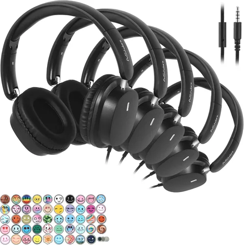 Miniatura 10 de Auriculares para niños en paquete de 5 unidades para la escuela, auriculares con micrófono HD y sonido estéreo sobre la oreja para el aula, ajuste