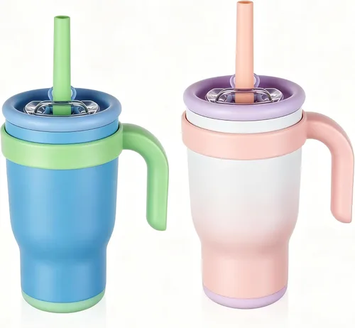 Miniatura 15 de Taza de 14 onzas para niños pequeños con aislamiento al vacío de acero inoxidable con asa, taza a prueba de derrames, pajita a prueba de fugas, taza
