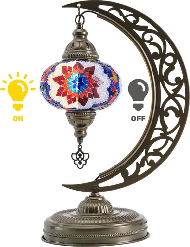 Miniatura 4 de Lámpara de mesa turca de mosaico en forma de media luna, lámpara de escritorio marroquí estilo luna boho hecha a mano, iluminación decorativa