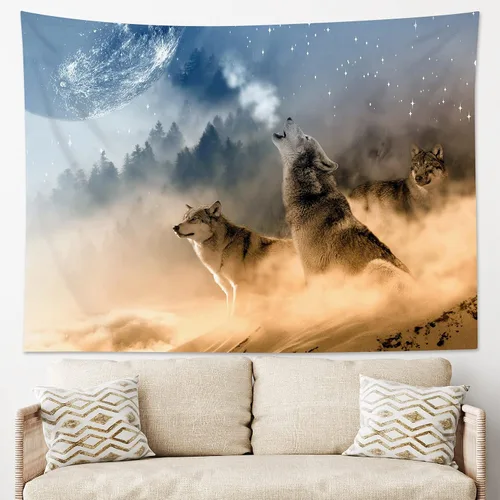Miniatura 2 de HVEST Tapiz de pared de lobo para colgar en la pared, tapiz de animales salvajes, lobos aullidos en tapices nevados, escena de nieve de invierno