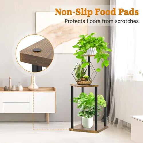 Miniatura 3 de Oppro Soporte para plantas de 3 niveles para interiores, soporte de esquina de metal de madera escalonada, soporte para macetas, estante de madera
