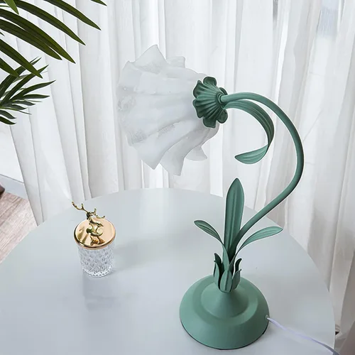 Miniatura 4 de Lámpara de mesa moderna regulable, lámpara de mesa de noche estilo flor verde con pantalla de cristal, lámpara de escritorio con interruptor