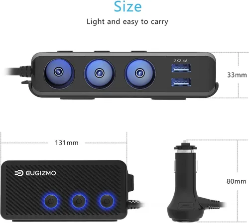 Miniatura 5 de EUGIZMO Divisor de enchufe para encendedor de cigarrillos, 200 W, 3 enchufes, adaptador de encendedor de cigarrillos USB, cable de extensión