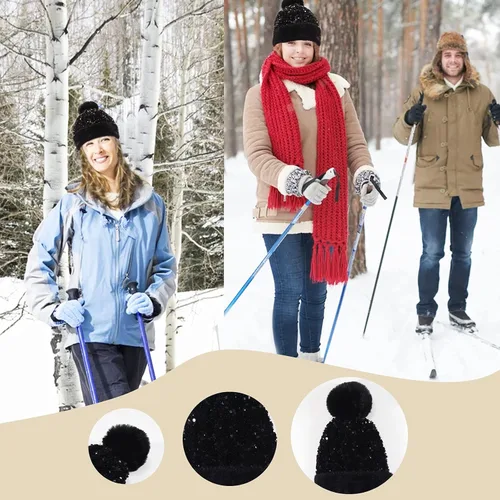 Miniatura 6 de Gorro de invierno para mujer, gorro de punto con piel sintética extraíble, pompón y lentejuelas