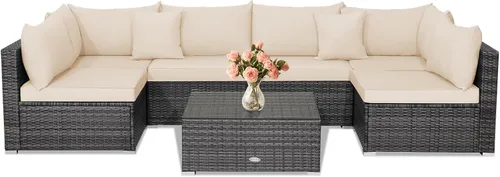 Miniatura 25 de Tangkula - Juego de sofá de ratán de 5 piezas, conjunto de muebles de mimbre para patio de Patiojoy con cojines de asiento y respaldo, mesa