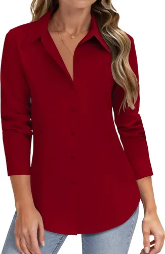 Miniatura 8 de HOTOUCH Camisas de manga larga con botones para mujer, camisas de vestir con protección contra manchas, ajuste delgado, blusas de trabajo, oficina