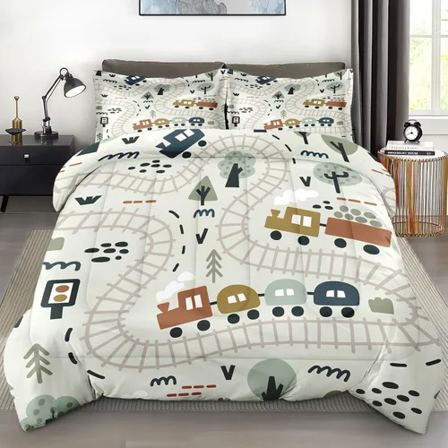 Miniatura 16 de Juego de edredón con funda de almohada tamaño individual, diseño de coche de dibujos animados, tren, mapa de carretera, decoración de cama linda
