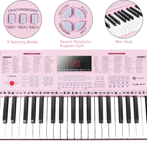 Miniatura 5 de Teclado de Piano Vangoa VGK610, Teclado de Música Portátil de 61 Teclas Mini para Principiantes con Micrófono, 3 Modos de Enseñanza, 350 Tonos, 350
