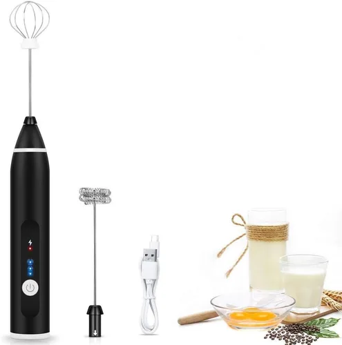 UPMSX - Espumador de leche eléctrico de mano con batidor de acero inoxidable, espumador de leche fuerte, mini licuadora de 3 velocidades recargable