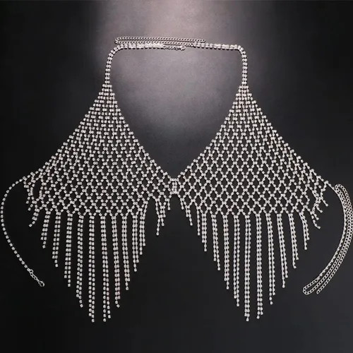 Miniatura 2 de Cadena de pecho de malla con diamantes de imitación para mujer, sexy, borla de cristal, cadenas corporales, sujetador plateado, accesorios