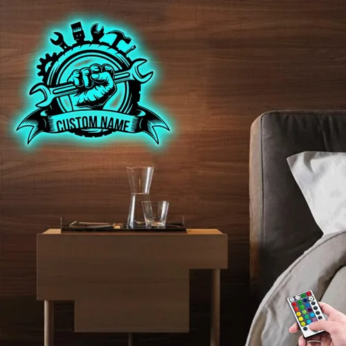 Miniatura 4 de Letrero de metal personalizado con nombre de luz LED para garaje para el día del padre, decoración de pared, caja de herramientas, letrero de metal