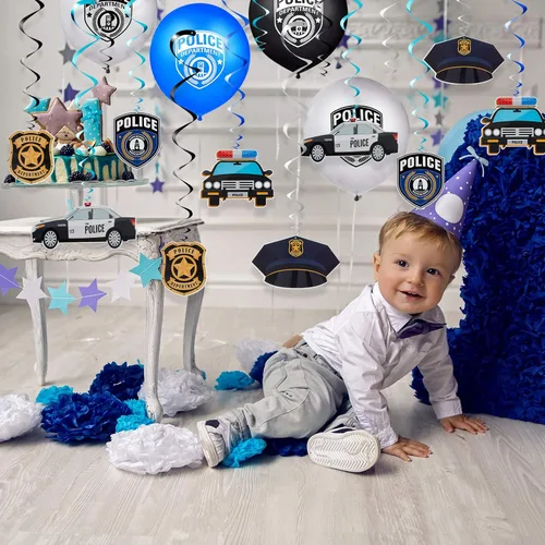 Miniatura 4 de Sumind 32 piezas de decoraciones de fiesta de cumpleaños de policía, kit de remolinos de decoración de fiesta de policía con 2 carteles de feliz